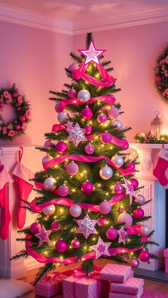 A festive Christmas tree with pink ornaments and decorations, surrounded by a cozy holiday setting.